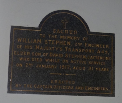 Memorial inside St. Philip's at Catterline in memory of WILLIAM STEPHEN 1917